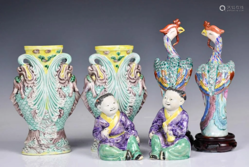 A Group of 3 Pairs of Sancai Sculptures, Late Qing