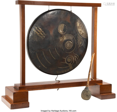 Jean Dunand Dinanderie Gong on Walnut Stand, cir