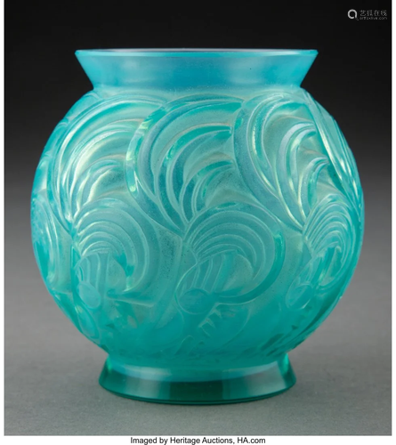 R. Lalique Turquoise Glass Bresse Vase, circa 19