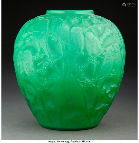 Rare R. Lalique Cased Jade Green Glass Perruches