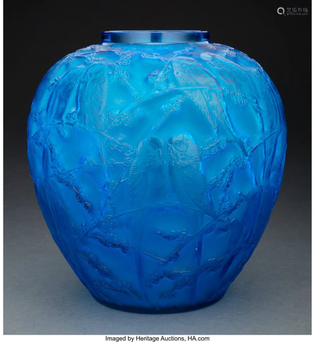 R. Lalique Electric Blue Glass Perruches Vase, c