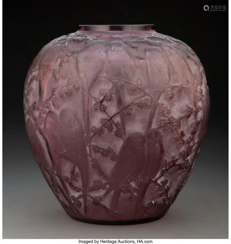 R. Lalique Plum Glass Perruches Vase, circa 1919