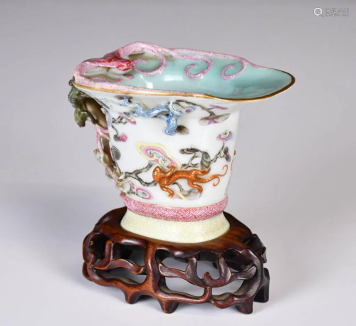A Famille Rose Libation Cup with Stand Qianlong Mk