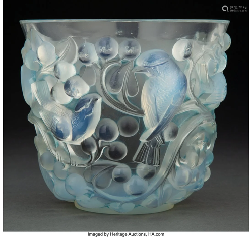 R. Lalique Opalescent Glass Avallon Vase with Bl