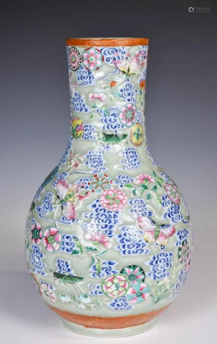 A Famille Rose Celadon Vase Late Qing