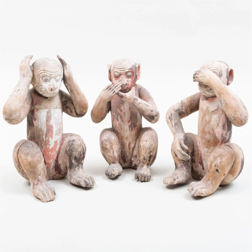 Three Japanese Polychromed Wood Sculptures of Monkeys '...
