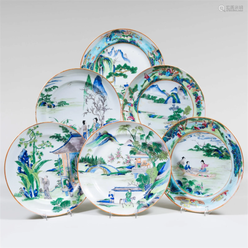 Group of Six Chinese Export Famille Verte Porcelain Plates w...