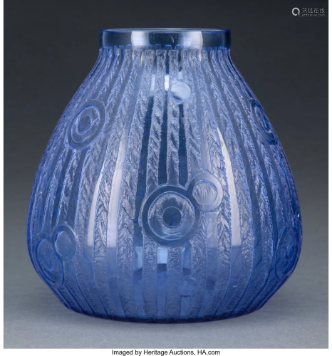 Daum Art Deco Acid-Etched Blue Glass Vase, circa