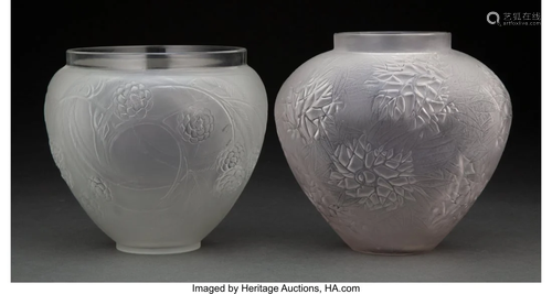 Two R. Lalique Clear and Frosted Glass Vases, ci