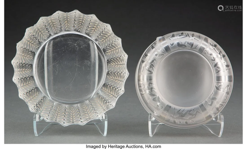 Two R. Lalique Clear and Frosted Glass Ashtrays,