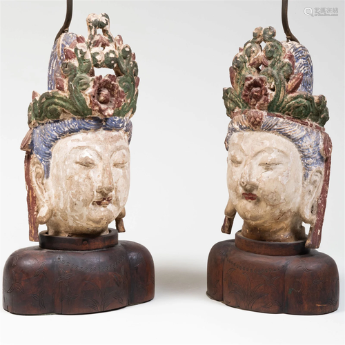 Pair of Chinese Carved and Polychromed Heads Of Guanyin Moun...