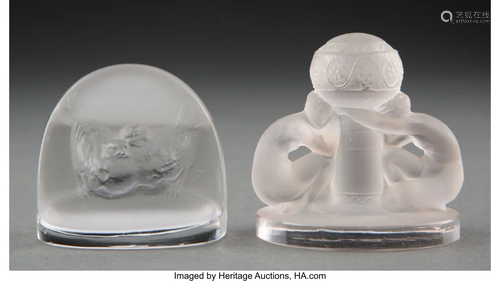 Two R. Lalique Clear and Frosted Glass Place Car