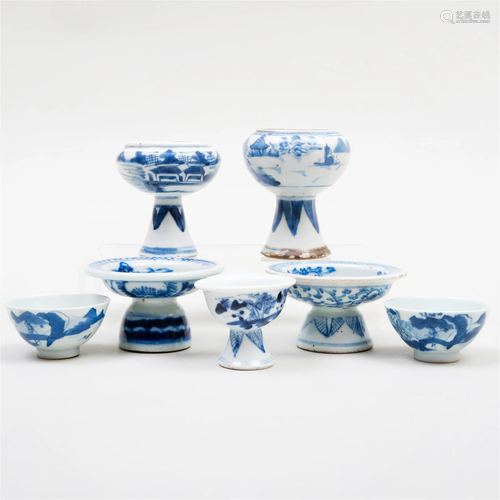 Two Vietnamese Stem Cups and Three Chinese Blue and White Po...