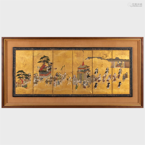 Japanese Miniature Six Panel Screen of Kyoto Gion Festival