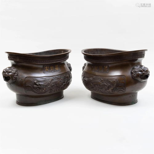 Pair of Japanese Patinated Bronze Censers