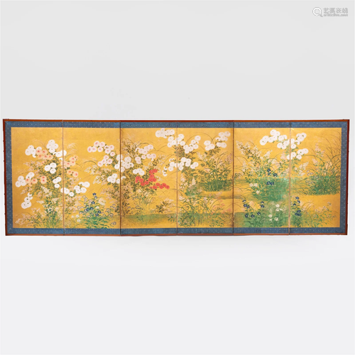 Rimpa School Six Panel Screen with Flowers