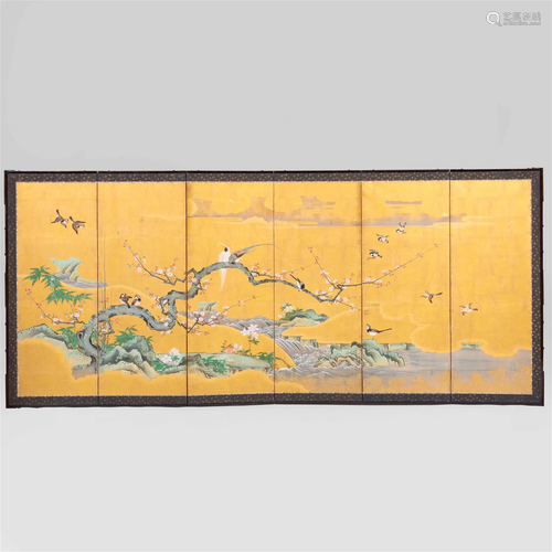 Japanese Six Panel Screen with Birds on Branches