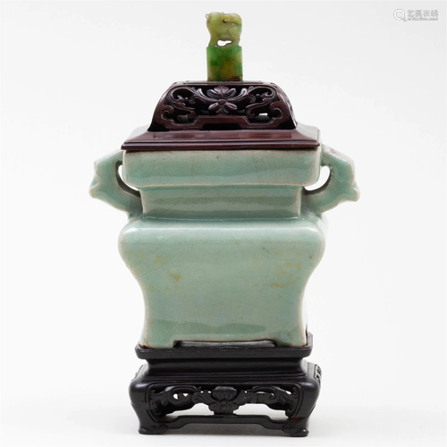 Chinese Celadon Glaze Censer with a Carved Wood Cover and Ha...