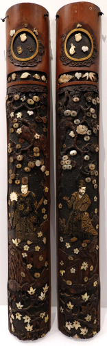 Pair of inlaid mother-of-pearl bamboo hanging screens with f...