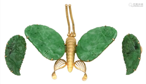 14 Karat Gold Butterfly Brooch, having jade wings, along wit...