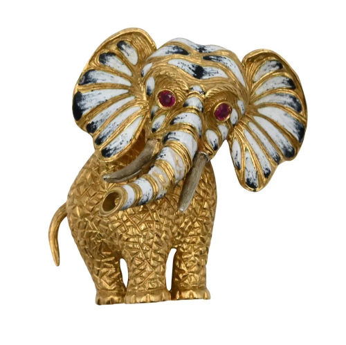 18 Karat Gold Elephant Brooch, having ruby eyes and enamelin...
