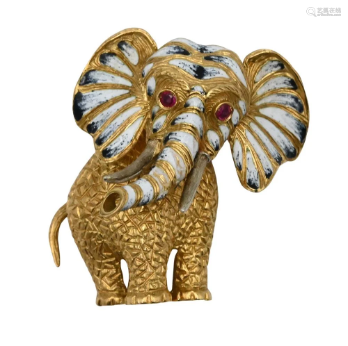 18 Karat Gold Elephant Brooch, having ruby eyes and enamelin...
