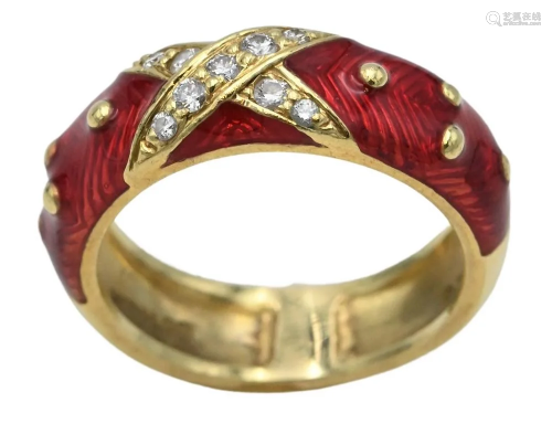 Hidalgo 18 Karat Gold Band, having red enameling and "X...