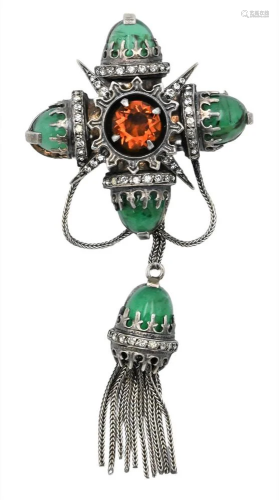 Silver Brooch, mounted with green stones and center amber ro...