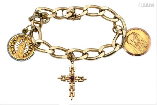 14 Karat Gold Heavy Link Bracelet, having three religious ch...