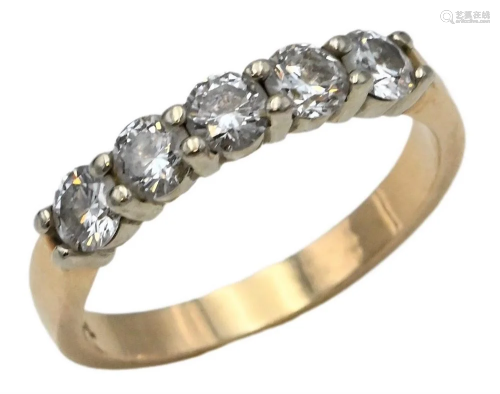14 Karat Gold Ring, set with five diamonds across, size 7 3/...