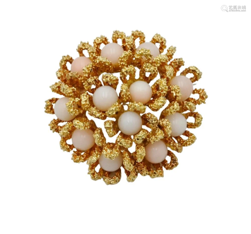18 Karat Gold Brooch, set with pink coral, diameter 1 1/4 in...
