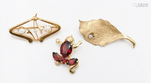 Three Piece Lot of 14 Karat Gold Brooches, to include three ...