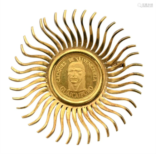18 Karat Gold Brooch, mounted with Venezuelan .900 coin, 9.6...