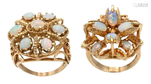 Two 14 Karat Gold Rings, each set with multiple opals, size ...
