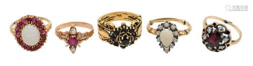 Six Gold Rings, to include 14 karat and 10 karat; two opals,...
