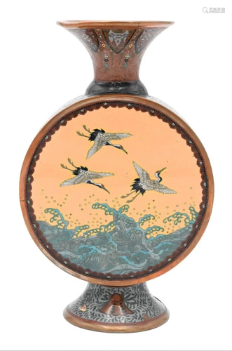 Cloisonne Moon Vase, having cranes, waves, butterflies, and ...