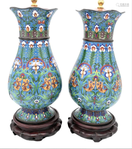 Pair of Cloisonne Vases, made into table lamps, vase height ...