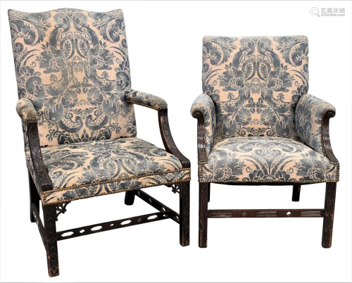Two Mahogany Chippendale Upholstered Arm Chairs, each having...