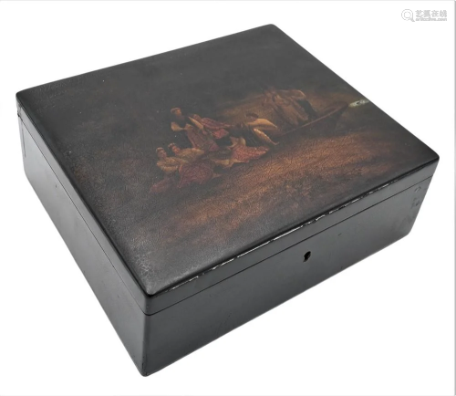 Large Russian Lacquered Square Box, having painted scene wit...