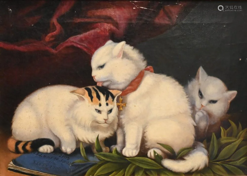 Artist Unknown, folk art painting of three kittens, oil on c...