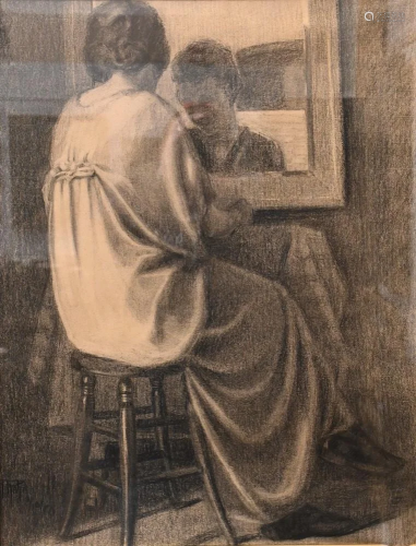 Unknown Artist, girl sitting at vanity, charcoal on paper, s...