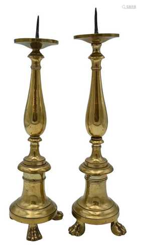 Pair of Early Brass Pricket Sticks, having paw feet, total h...