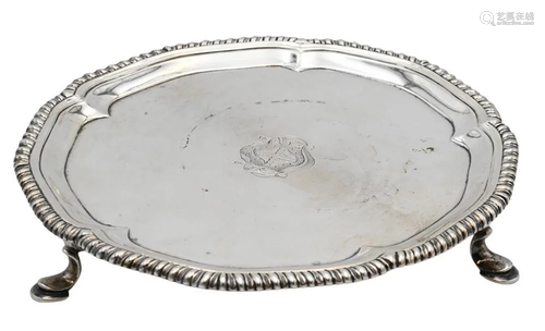 Silver Salver, having gadrooned edge on three feet, England,...