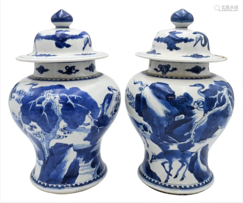 Pair of Chinese Blue and White Covered Temple Jars, 18th cen...