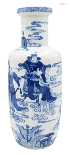Chinese Blue and White Rouleau Vase, 19th century, decorated...