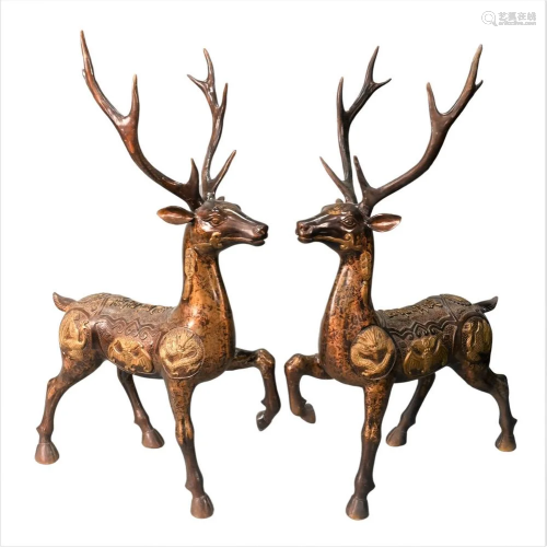 Pair of Chinese Bronze Deer or Stag, having bats, dragons, c...