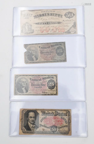 Group of Four Small Bank Notes, to include two 25 cent fract...