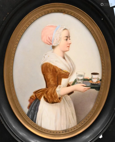 German Painting on Porcelain Plaque, of a young woman, plaqu...