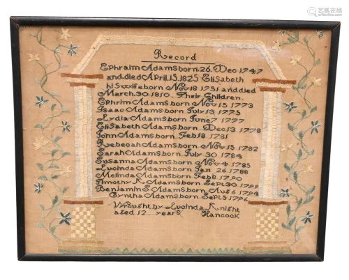 Needlework Sampler, Adams Family Record, 1747 - 1796, wrough...