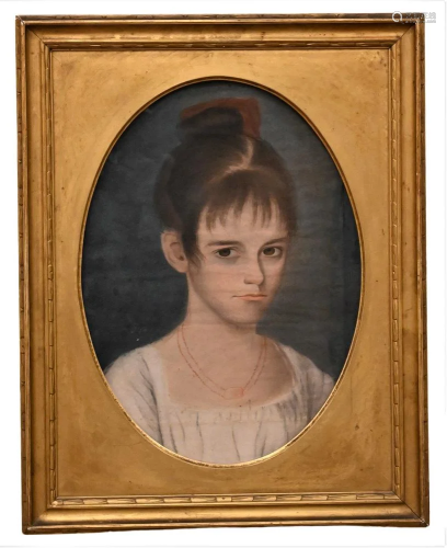 Unknown Artist, primitive portrait of a young girl, pastel o...